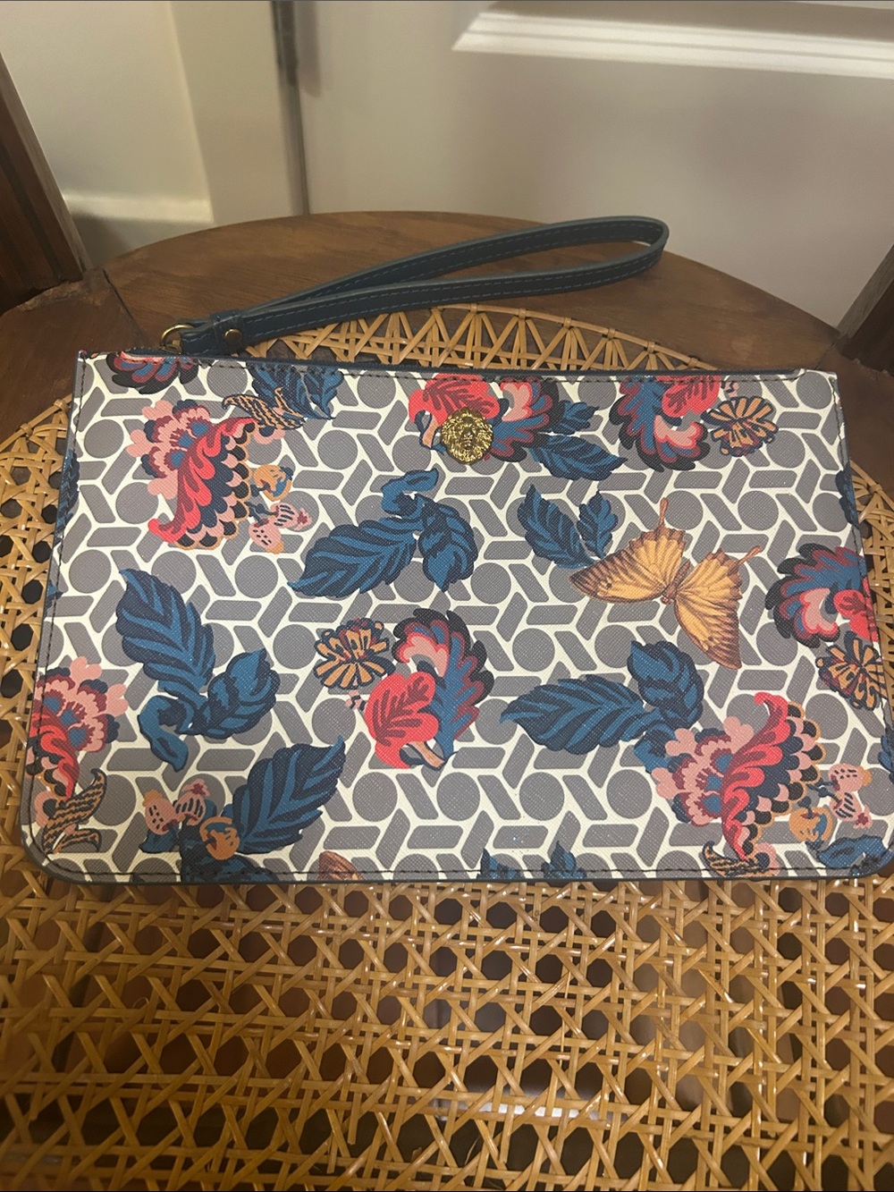 Anne Klein Vintage Style Floral & Butterfly Zip Wristlet Clutch - Blue GrayMulti